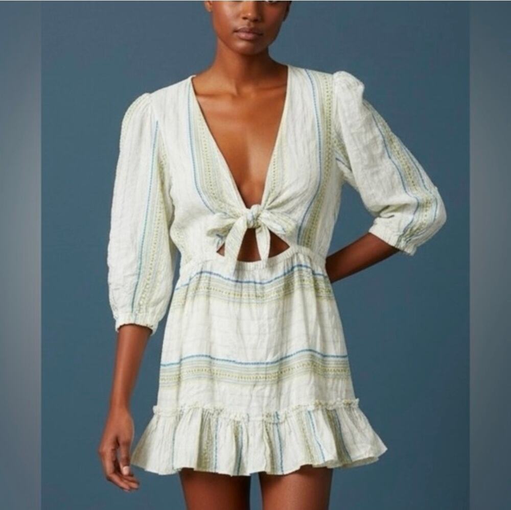 Elan White Blue & Gold Striped V-Neck Tie Front Mini Dress Sleeves Ruffles | M